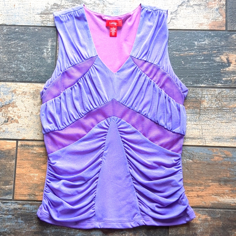 Latina Life Y2K Violet Top Gathered Ruched Retro Mesh Sleeveless Stretchy EUC
